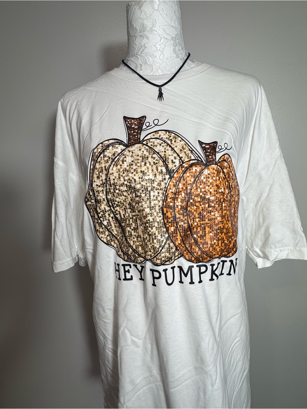 Hey Pumpkin White Graphic Tee with Gold & Orange Pumpkin Design